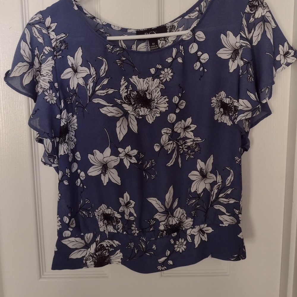 BCX Floral Print Blouse - Blue and White